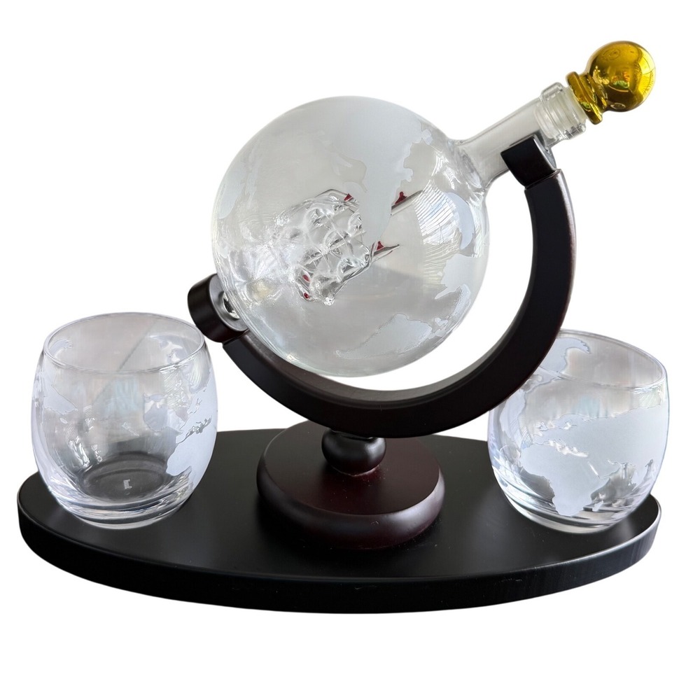 Globe Whiskey Decanter Set with Ship Inside 2 Etched Glasses Mahogany‎ Base